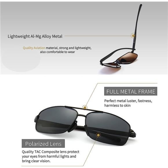 2 Pack Mens Ultra Lightweight Rectangular Polarized Sunglasses UV400 Protection - Picture 5 of 6